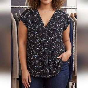 Lane Bryant Black V-Neck Blouse with Floral Design